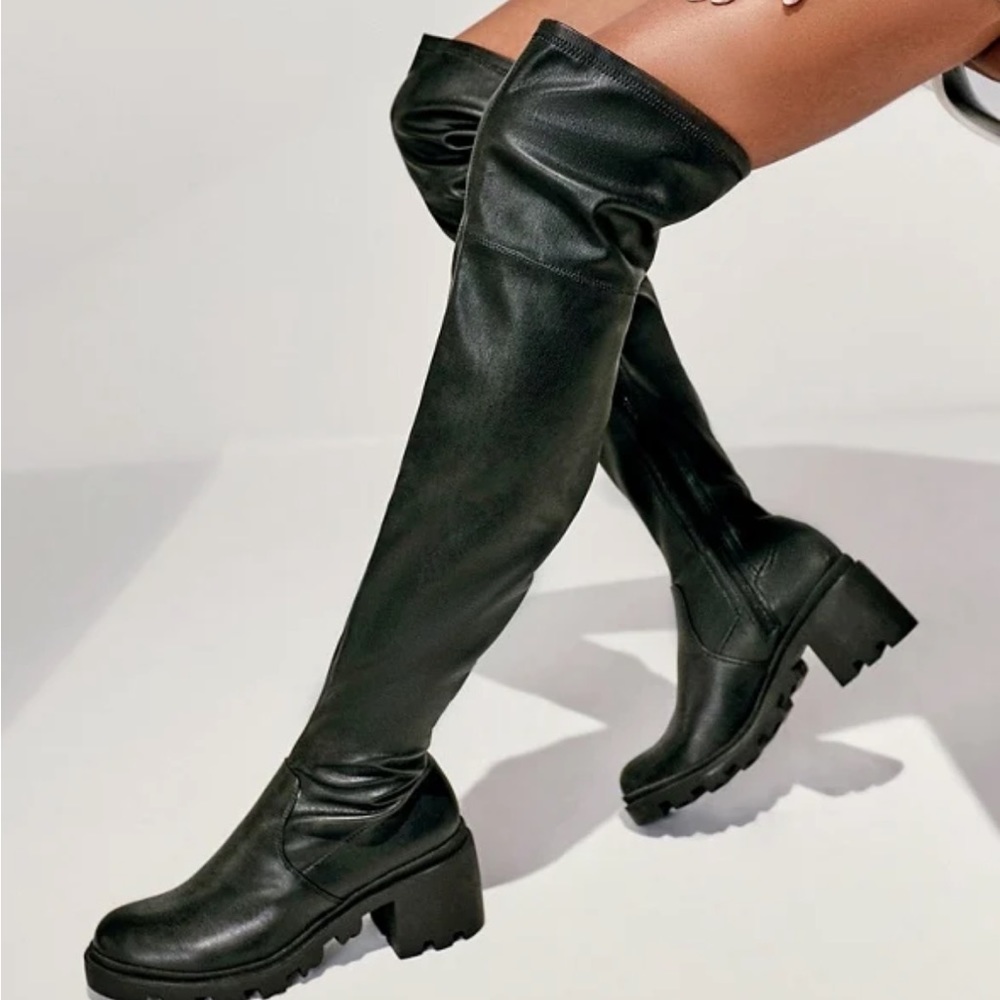 Faux Leather thigh high lug sole boots